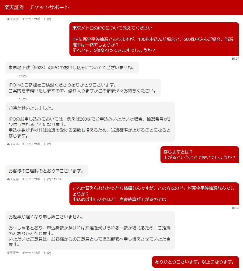 楽天証券にIPOの抽選について質問