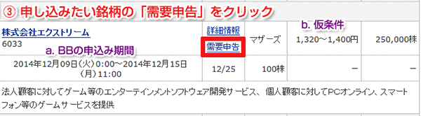 希望の銘柄の「需要申告」をクリック